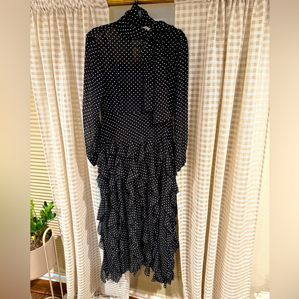 New Maxi Size M black white polka dot tie neck modest dress fancy
